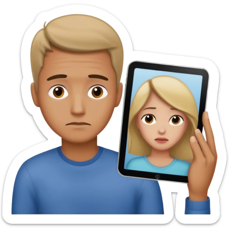 A man looking at a picture of his girlfriend but sad cause he’s missing her  sticker