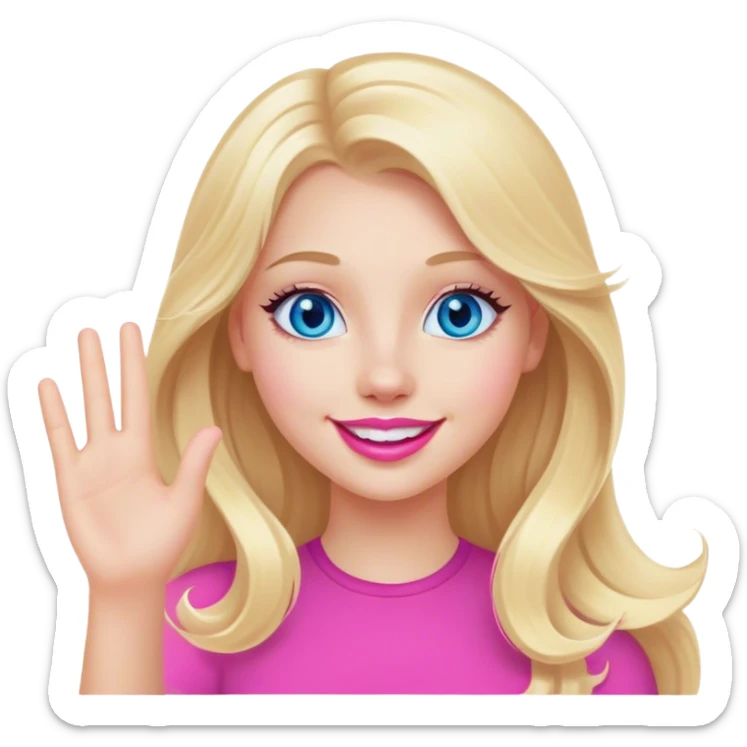 A beautiful blonde girl with long hair, blue eyes, pink lips and a sweet smile  arm hello sticker