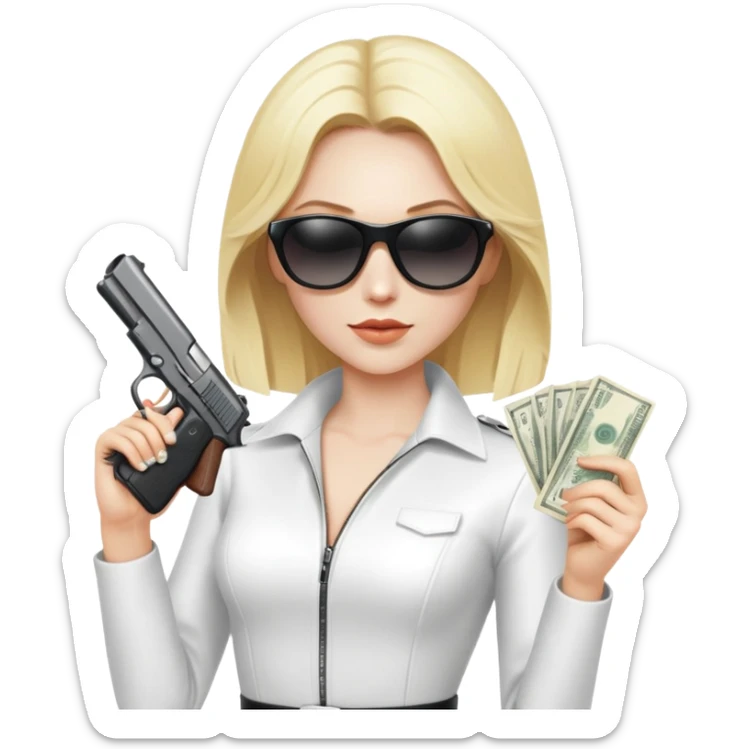 Mafia blondes woman in sunglasses, gun ,money , white costume  sticker