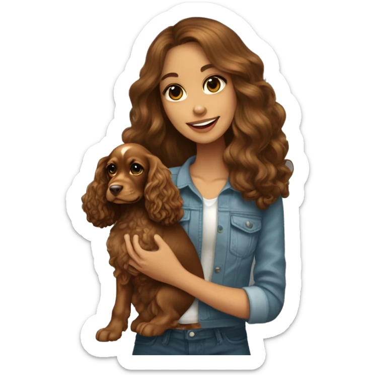 Beautiful stylish girl with brown long hair holding in her arms gold puppy English Cocker Spaniel sticker