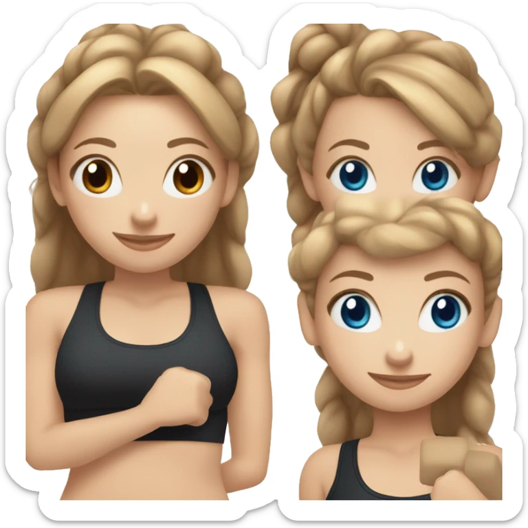 Gym girl lifting weights,light brown hair in a bun blue eyes, smiling wearing black gym leggings sticker