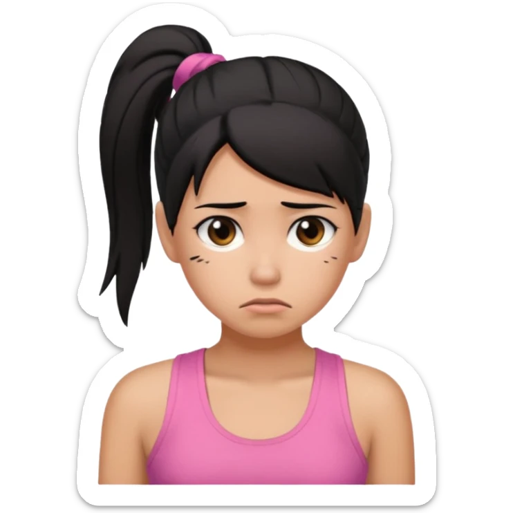 A tan girl with black hair in a ponytail. Wearing a pink tank top. Looking sad sticker