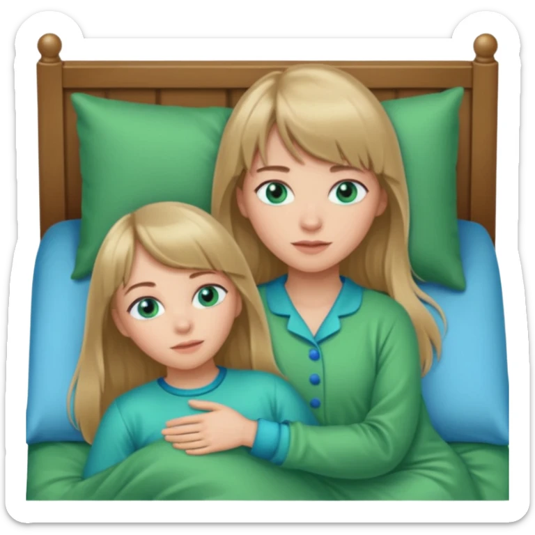 Woman with long dark blond hair and bang woth blue eyes alone in bed  with green pyjama sticker