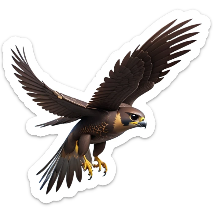 cinematic-peragrin falcon-realistic-full-body-diving-emoji,-sleek-aerodynamic-frame-plummeting-through-the-air-with-lightning-speed,-razor-sharp-talons-poised-for-the-strike,-feathered-wings-angled-for-maximum-precision,-keen-dark-eyes-locked-onto-its prey sticker