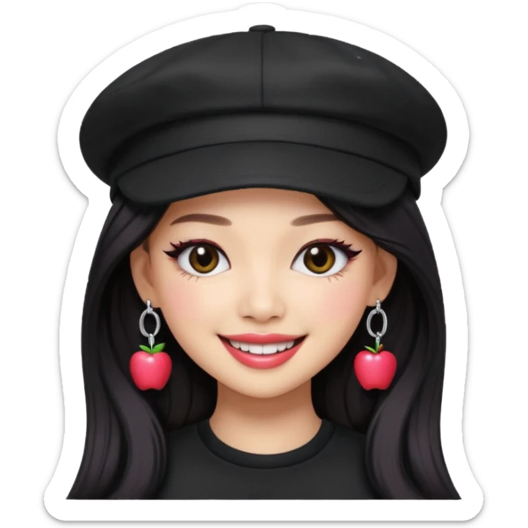 Jennie from Blackpink as an apple style emoji, wearing a stylish hat, bold makeup sticker
