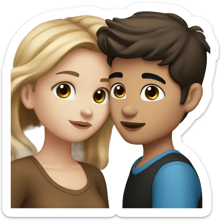 white girl with light brown hair and blue eyes kissing a medium skin tone boy with black hair and brown eyes sticker