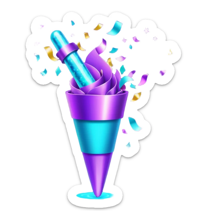 Futuristic glowing confetti popper emoji, holographic purple and cyan colors, emitting confetti and sparkles, dark background, vibrant celebration atmosphere, no face. sticker