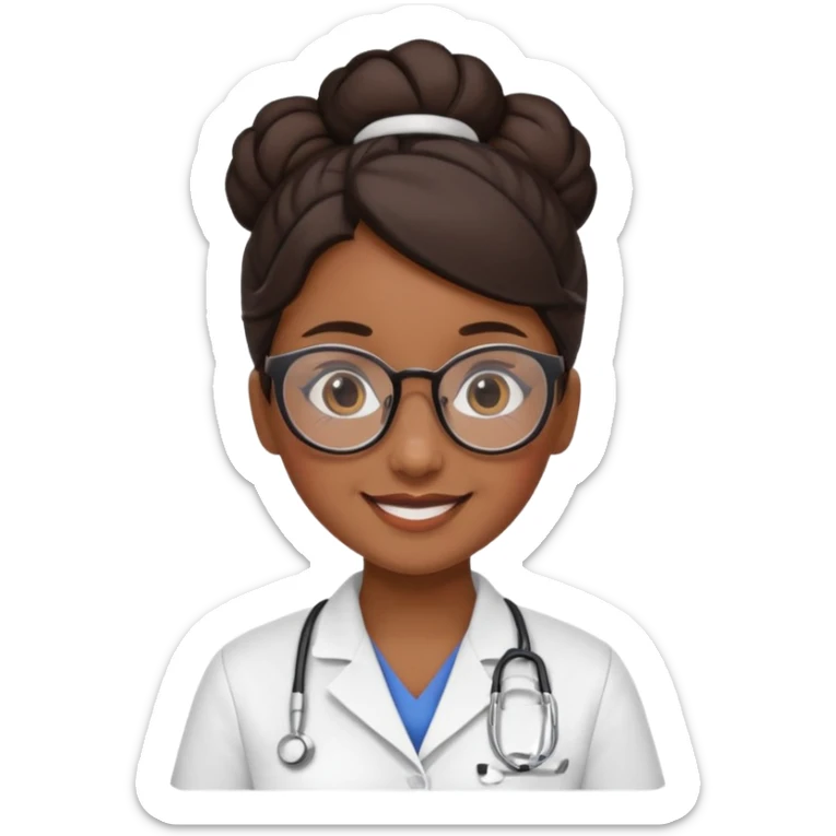 una enfermera escolar con gafas llamativas y un moño pequeño, morena de piel y pelo sticker
