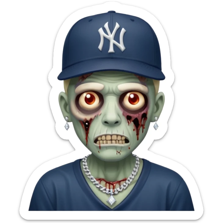 Zombie con aretes con una gorra new York yankee y una cadena de diamante hombre sticker