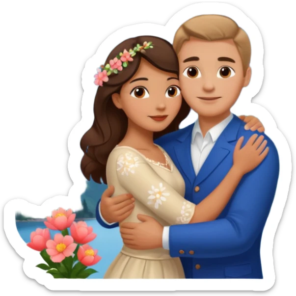 Hugging Couple traveling in Montenegro russian man and elegant  Latina girl delicate flowers and mountains in the background  sticker