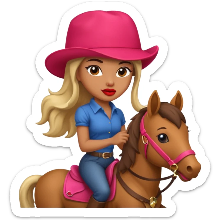 cinematic realistic - a seductive girl rides a pony and wears a huge lipstick on her head sticker