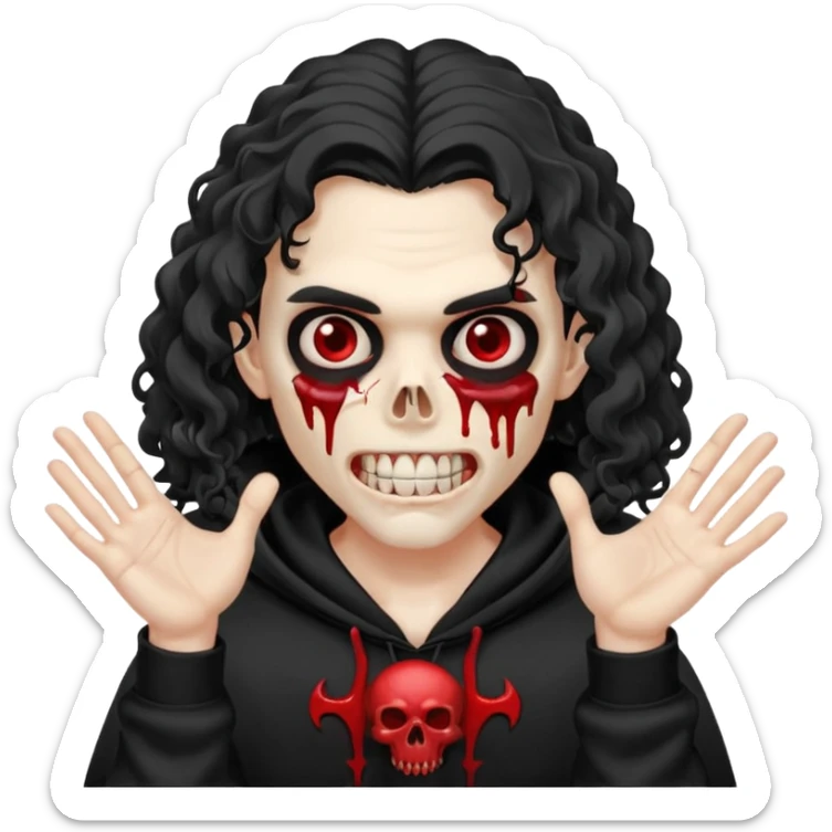 Vampire wearing a black hoodie with a skull logo on it, long curly hair that covers the forehead, fanged teeth and blood on hands sticker