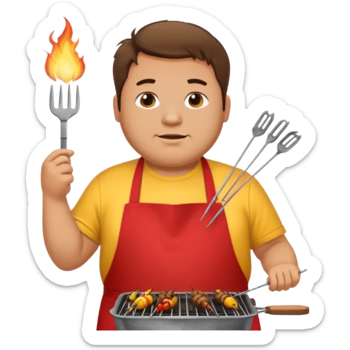 chubby man messy hair and dirty yellow shirt and a red apron grilling bbq and skewers on a sizzling grill sticker