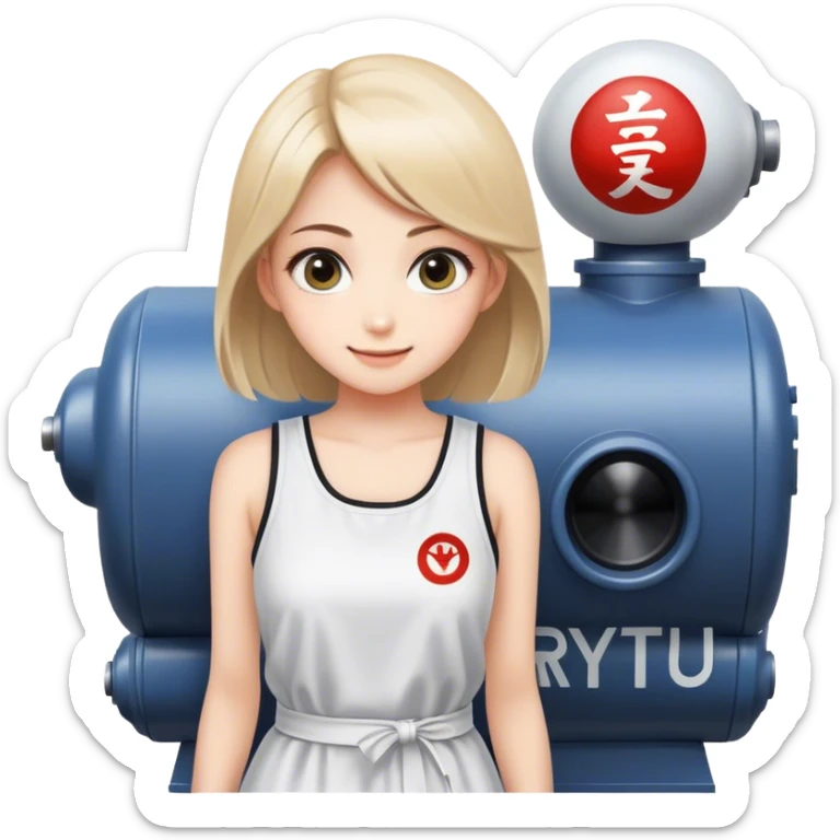 Beautiful girl smilling with big eyes and "ryu" written on toptank dress sticker