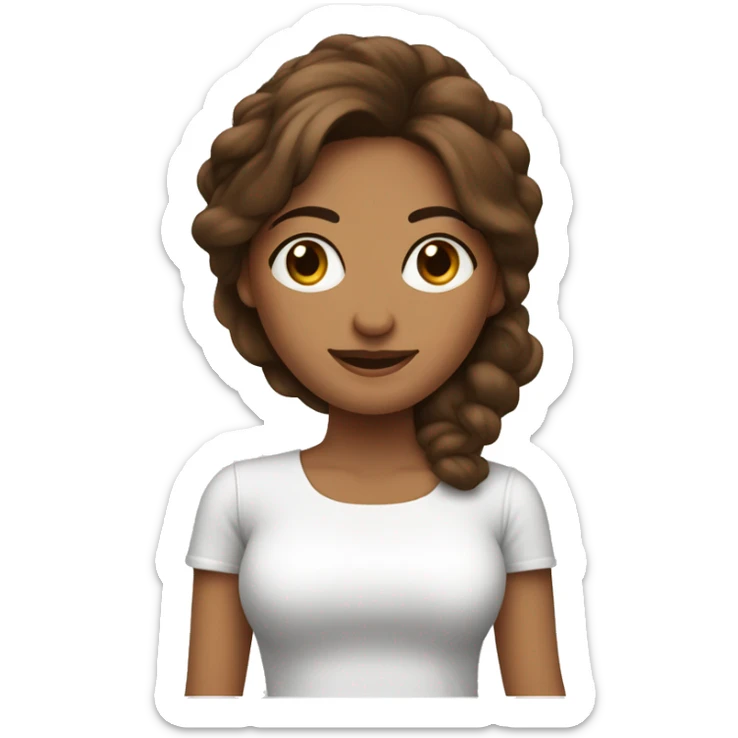 Mujer cabello marron liso a la altura de los hombros, blusa blanca con piel morena, laptop y teléfono en mano  sticker