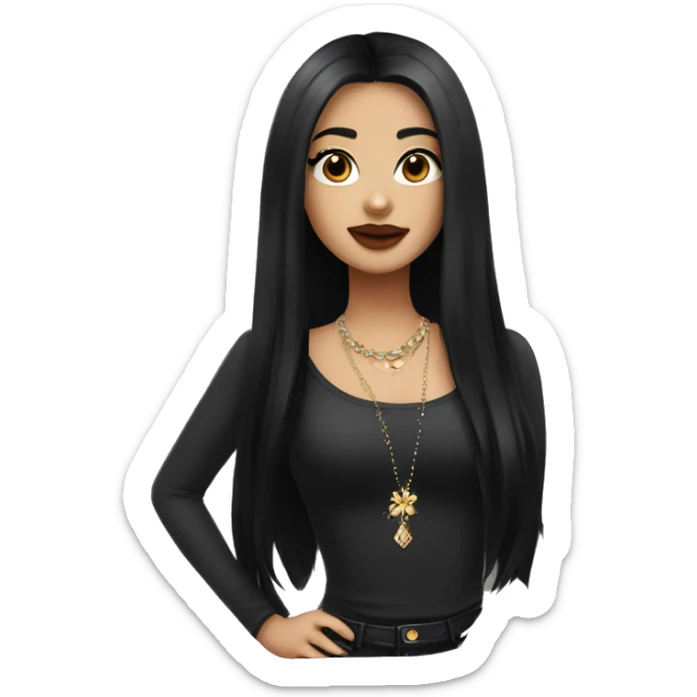 girl with long black hair with brown eyes plump lips with long eyelashes in a black top and jewelry on her neck sticker