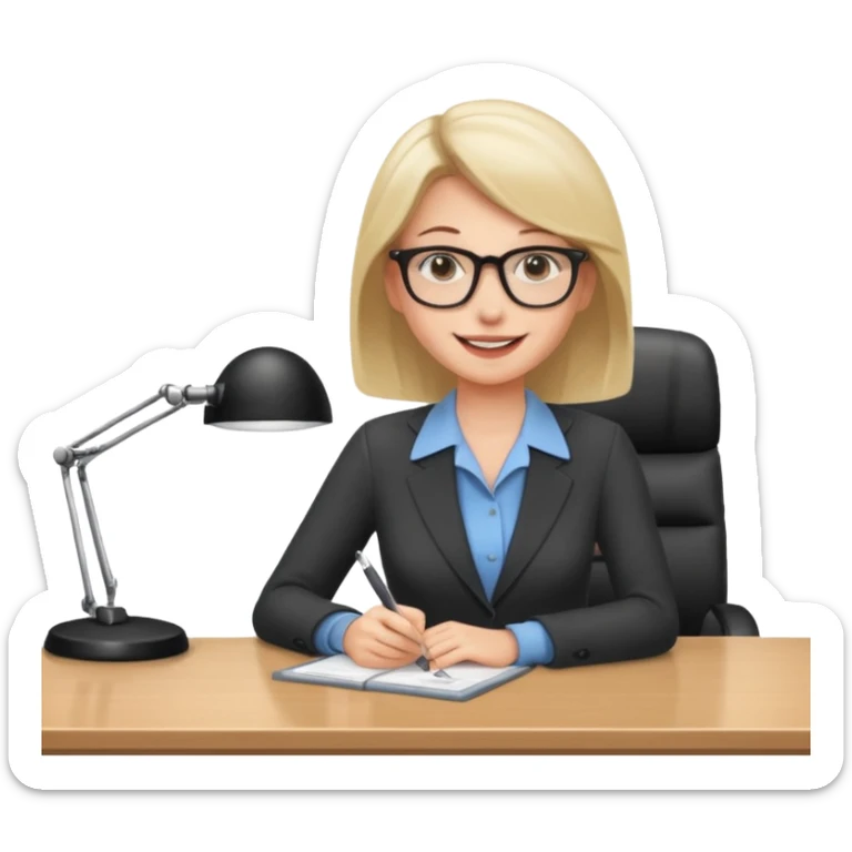 one white woman employee sitting in front of the desk sticker