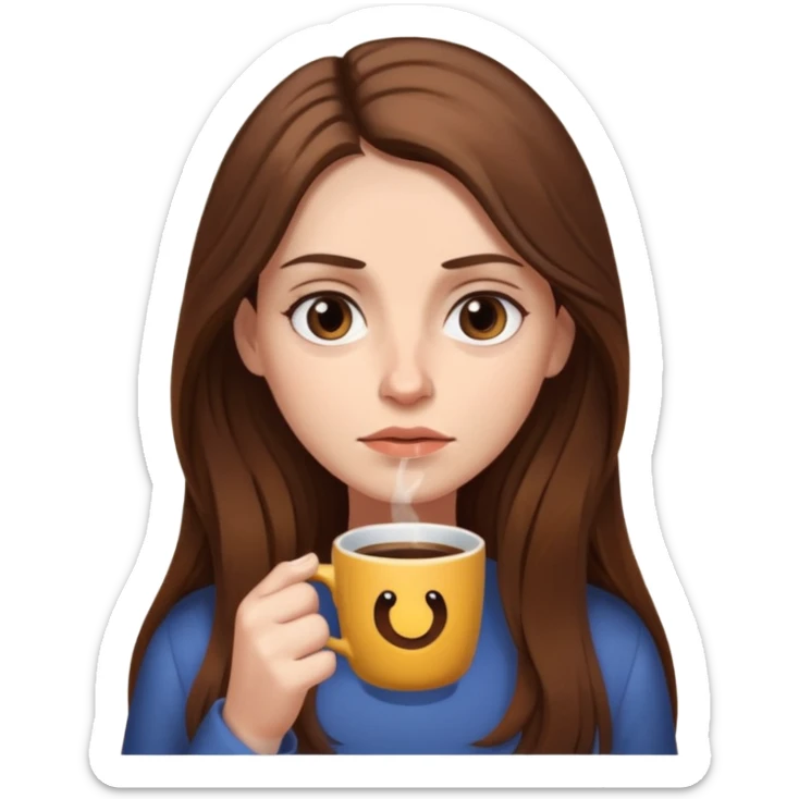 create a woman long hair brown, holding her cup of coffee looking exausted  sticker