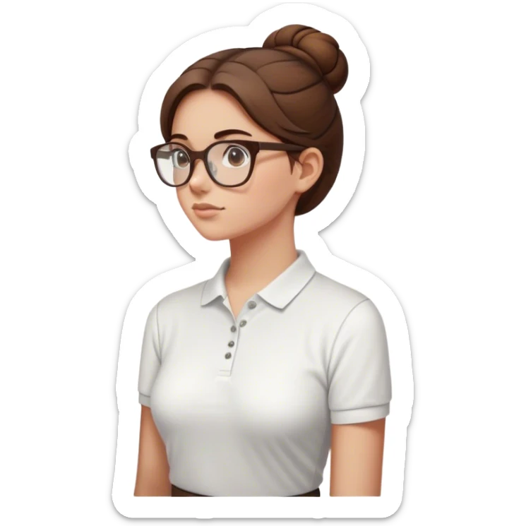 girl side view in a museum white polo brown hair in a bun with white glasses sticker