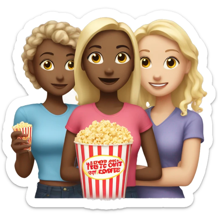 2 blonde girls and 1 mixed race girl in the middle watching movie with popcorn sticker