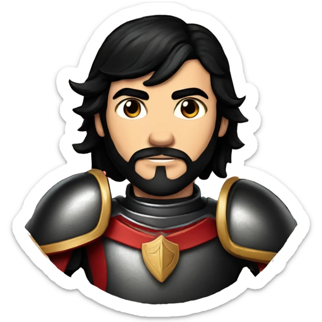 Vintage Tanned man with black hair pointed chin and stern face wearing red and black armour holding sword vintage intricate patterns sticker