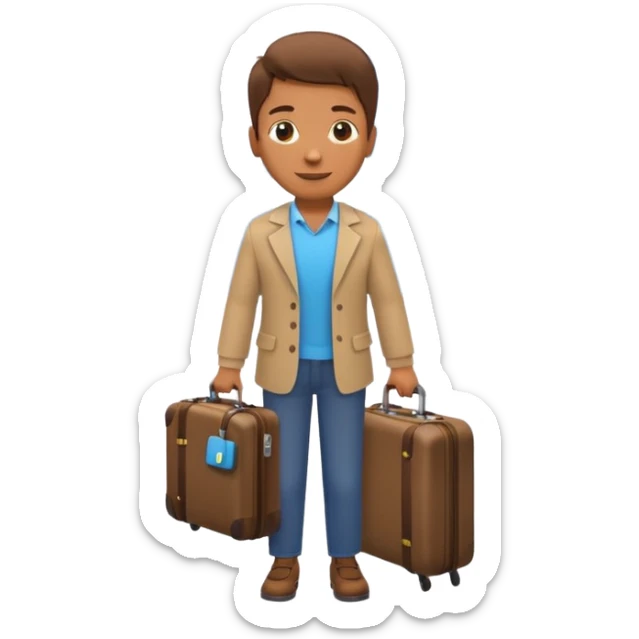a person holding a suitcase by a city welcome sign, friendly and vibrant emoji style sticker
