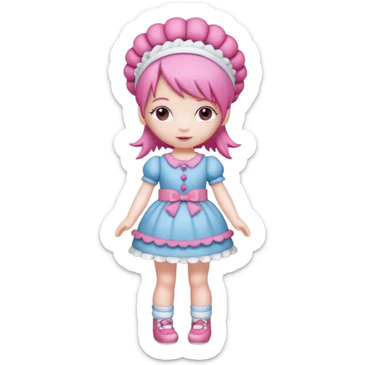 Isolated detaile illustration of the most modern raspberry torte doll figurine full body with pink hair and a hairband sticker