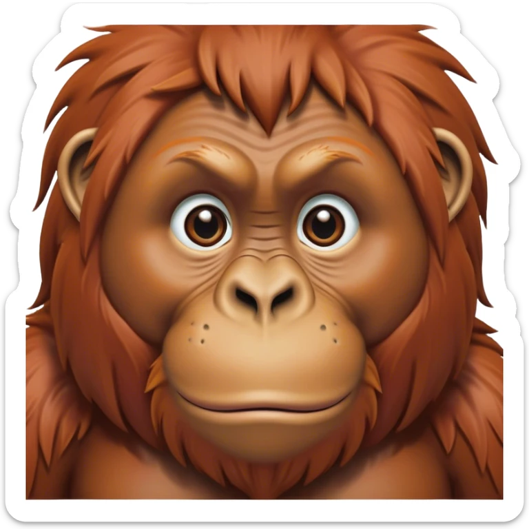 Cinematic Noble Orangutan Portrait Emoji, Poised and regal, with a robust, thoughtful build and deep, soulful eyes framed by rich, textured fur, Simplified yet sharp and sophisticated features, highly detailed, glowing with a soft, earthy glow, high shine, intelligent and contemplative, stylized with an air of ancient wisdom, focused and commanding, soft glowing outline, capturing the essence of a watchful and confident guardian that appears ready to step out of the screen with timeless authority! sticker