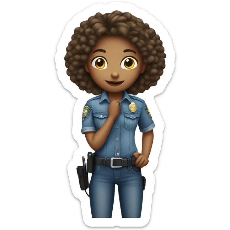 girl in denim by car with police badge on belt sticker