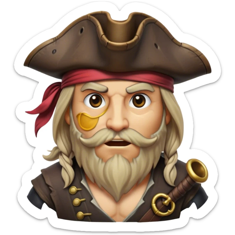 Clash of Clans aesthetic friendly Pirate Portrait Emoji, With a rugged yet stylized build featuring a weathered tricorn hat, a bold eye patch, and a determined, adventurous gaze, his face rendered in a natural skin tone (not yellow), Simplified yet sharply defined features, highly detailed, glowing with a cool, briny radiance, high shine, intelligent and daring, stylized with an air of swashbuckling nautical authority, focused and resolute, soft glowing outline, capturing the essence of a confident pirate ready to set sail on epic adventures! sticker