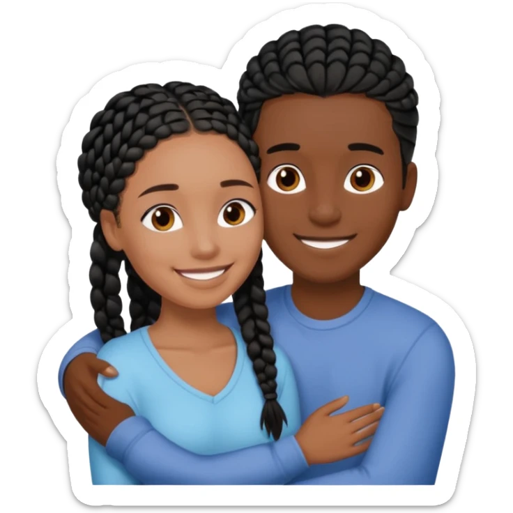 Dark black girl with black braids, smiling, and embracing her tan white boyfriend with straight brown hair sticker