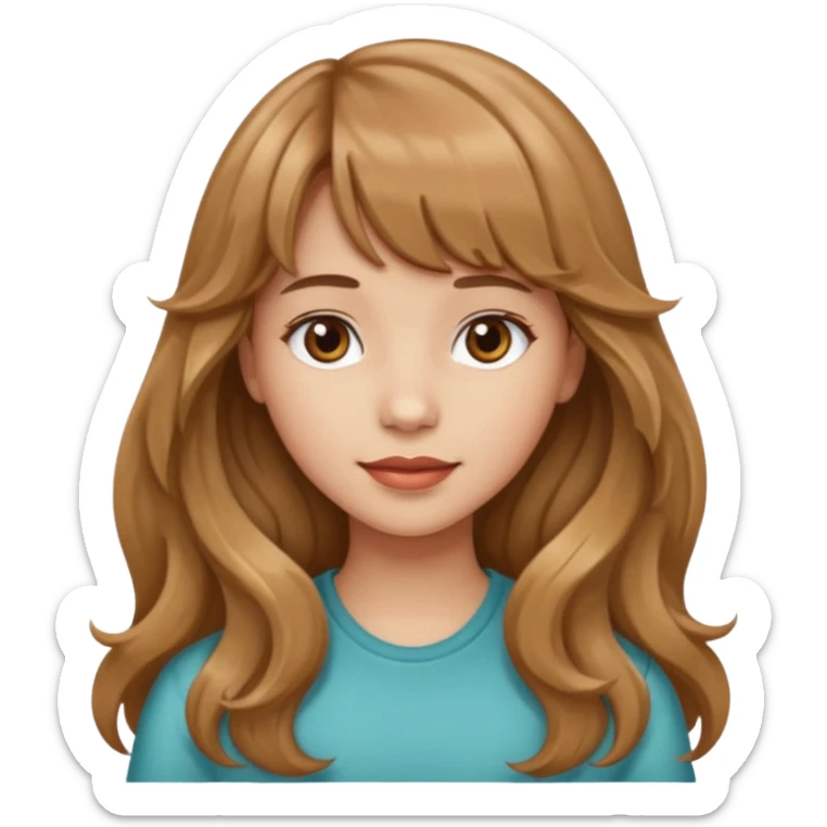 Please generate a portrait of a pretty girl with long, wavy, light brown hair and bangs. sticker