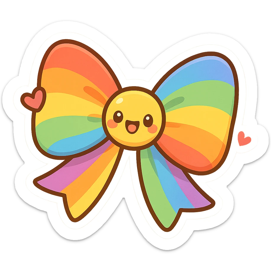 chibi style bow, rainbow colors, playful, cheerful, cartoon style, heart motif sticker