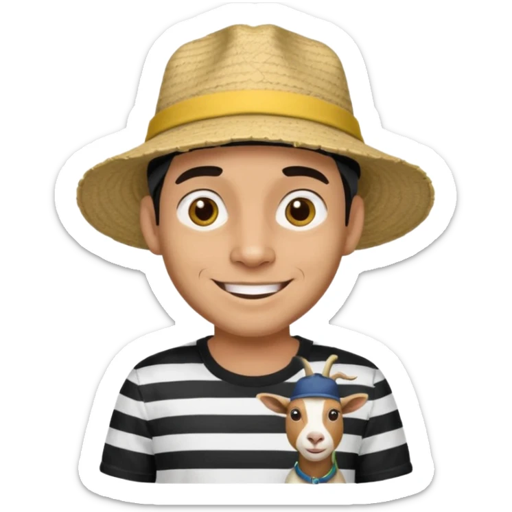 A happy fair skinned Colombian man with a goat tee wearing a Colombian hat that has black horizontal stripes on it sticker