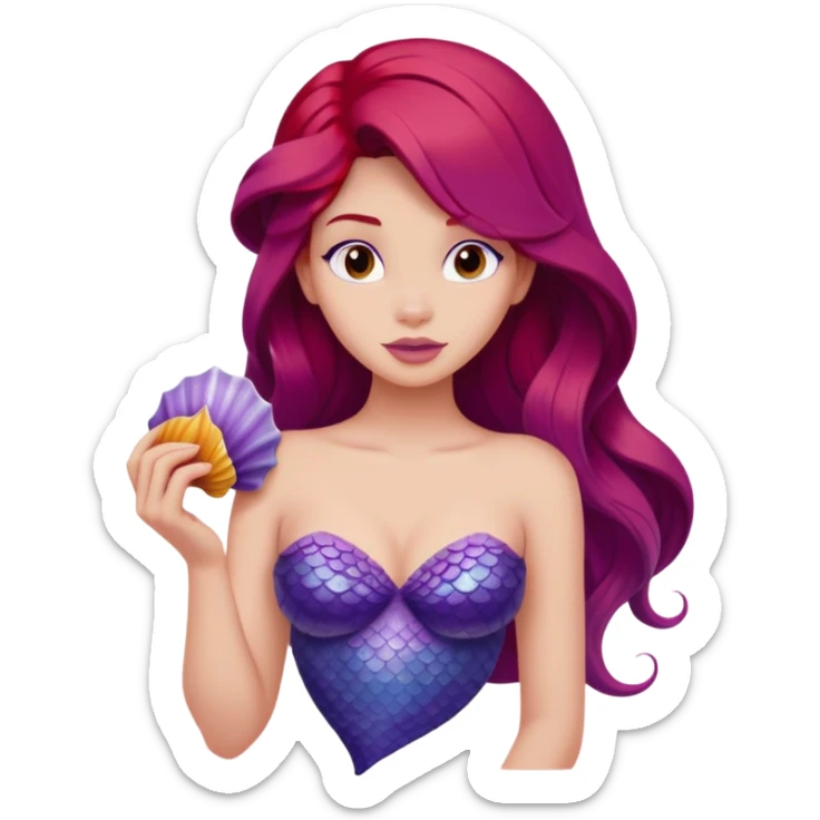 Ariel mermaid from waist up, purple seashell top, long red hair, minimal style but clearly recognizable sticker