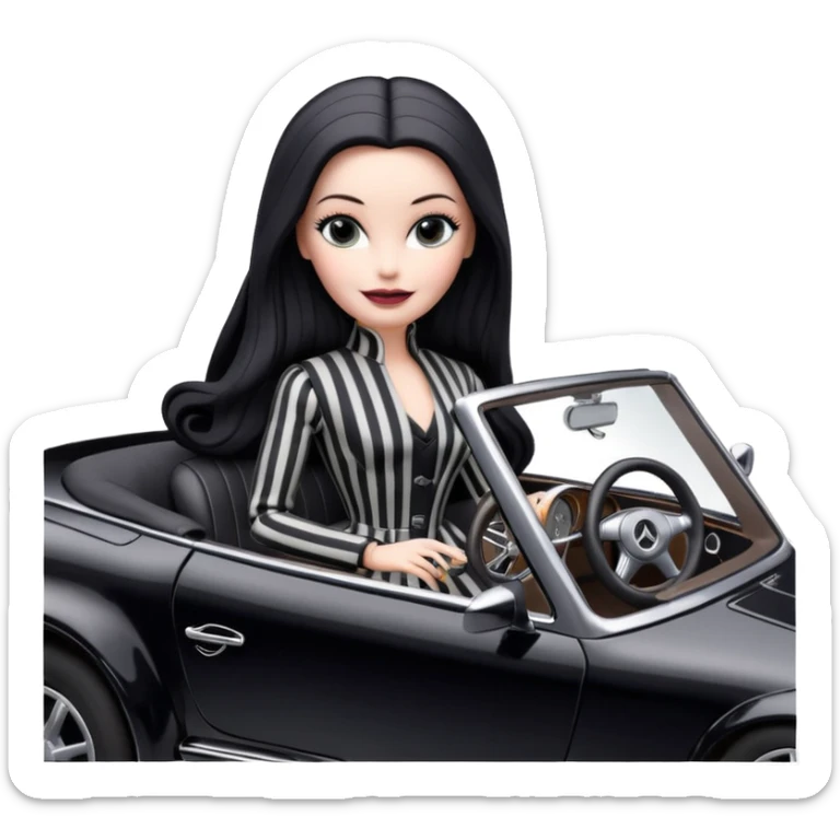 Darth Vader Barbie, 1910 teen Morticia Addams from academy, in dark-gray and black striped outfit. Smiling Driving Mercedes convertible sports car. Pale-white porcelain skin.  sticker