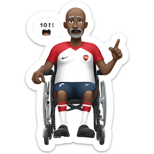 old black bald man with a round belly in wheelchair. angry face. grey stubble. he is pointing finger in front. wearing Arsenal soccer shirt. a speech bubble with the word: "Mojdeh!" sticker