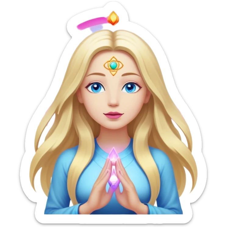 Cinematic realistic blonde with long hair, blue eyes and pink lips, meditating, her seven chakras glowing sticker
