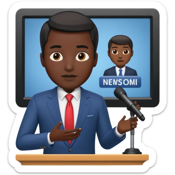 news anchor black skin man, with a screen with a prompter in front of her sticker