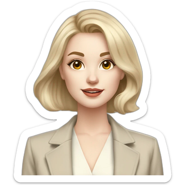 pale skin woman with ash blonde Straightened bob Hair, White Spacious classical jacket, beige palazzo Arrow pants and gray blouse holding a color palettes in the hands sticker