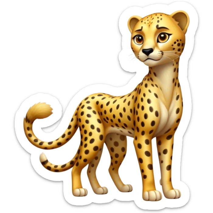 cinematic-cheetah-realistic-full-body-standing-emoji,-slim-and-athletic-frame-poised-for-action,-long-tail-curving-slightly,-head-tilted-dramatically,-sleek-golden-fur-with-black-spots,-piercing-amber-eyes,-simplified-yet-realistic-focused-features,-highly-detailed,-glowing-with-an-almost-sarcastic-glow sticker