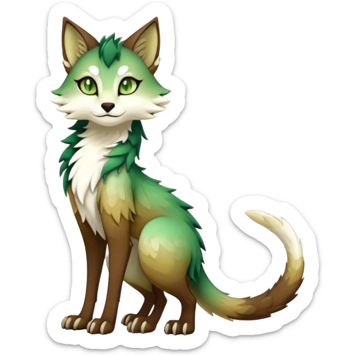 Kawaii dark edgy fantasy ethereal feline-vernid-sergal-fursona animal creature with a tufted tail full body, brown fur, with gradient beige-white intricate markings, hazel-gold-green eyes sticker