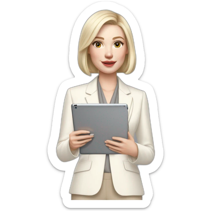 pale skin woman with ash blonde Straightened bob Hair, White Spacious classical jacket, beige palazzo Arrow pants and gray blouse holding a IPad Pro 12.9” in the hands sticker