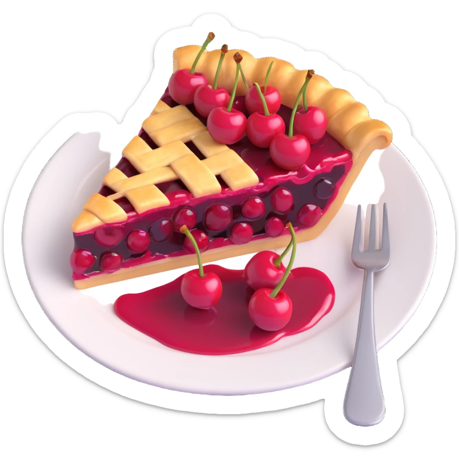 slice of cherry pie with golden crust and glossy cherries on top, served on a plate with a fork, 3D iOS emoji style sticker