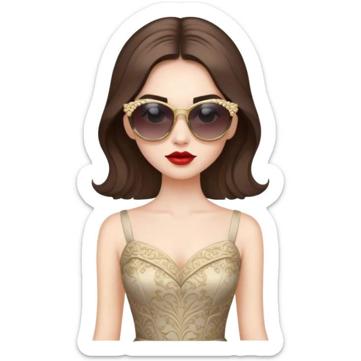 a pale brunette girl with elaborate makeup and dress, wearing sunglasses, confident sticker