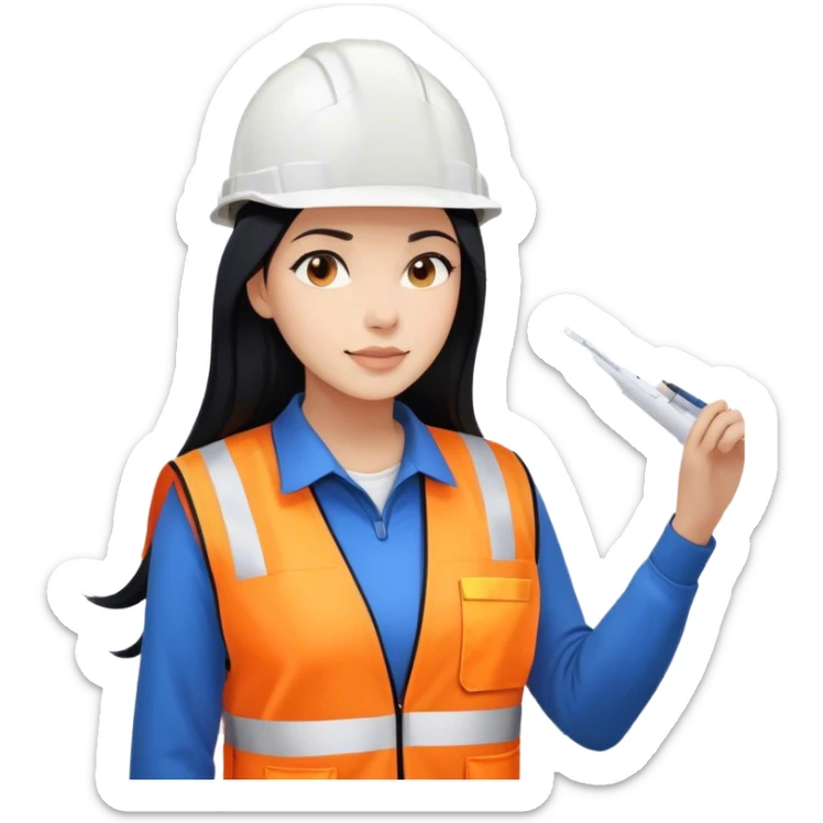 Female civil engineer with long black hair and white helmet wearing white shirt, blue sweater and an orange safety vest looking at big drawing plan  sticker