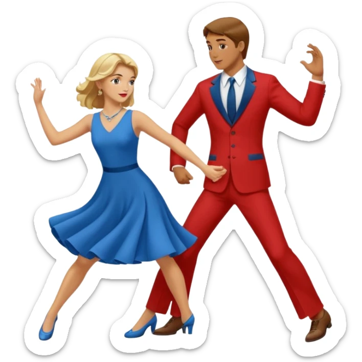 Two people. Man wearing all  RED with brown hair. Women  ALL blue with blond hair. Swing Dancing. Need four legs sticker