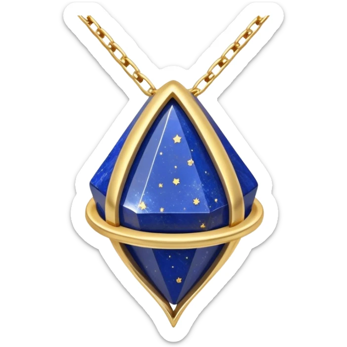 lapis lazuli stone in original form, cradled by a shimmering gold chain, surrounded by tiny stars sticker