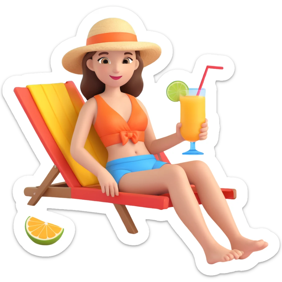 girl relaxing on a sunny beach holding a colorful cocktail enjoying holiday sticker