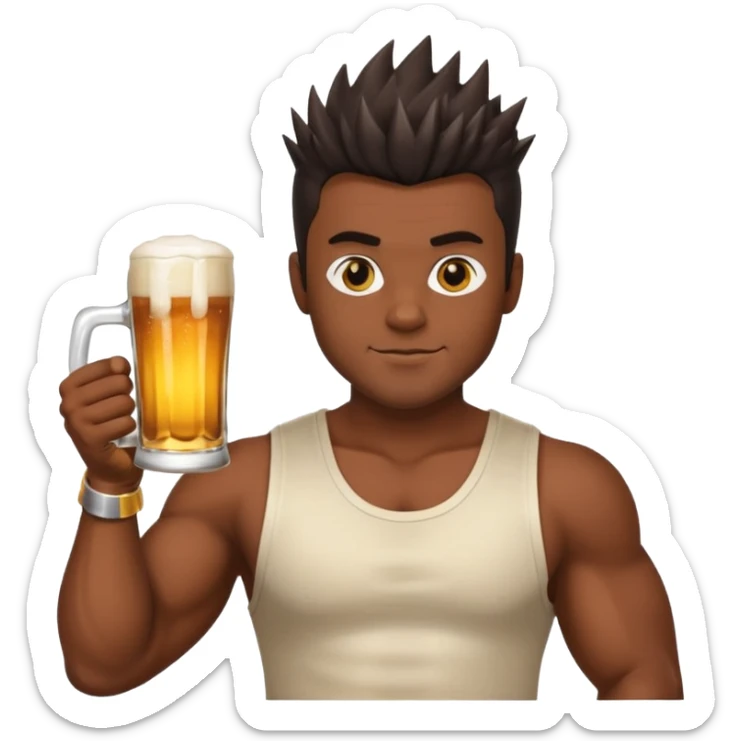 muscled guy in yoga pose, slightly dark skin, spiky dark hair, holding beer sticker